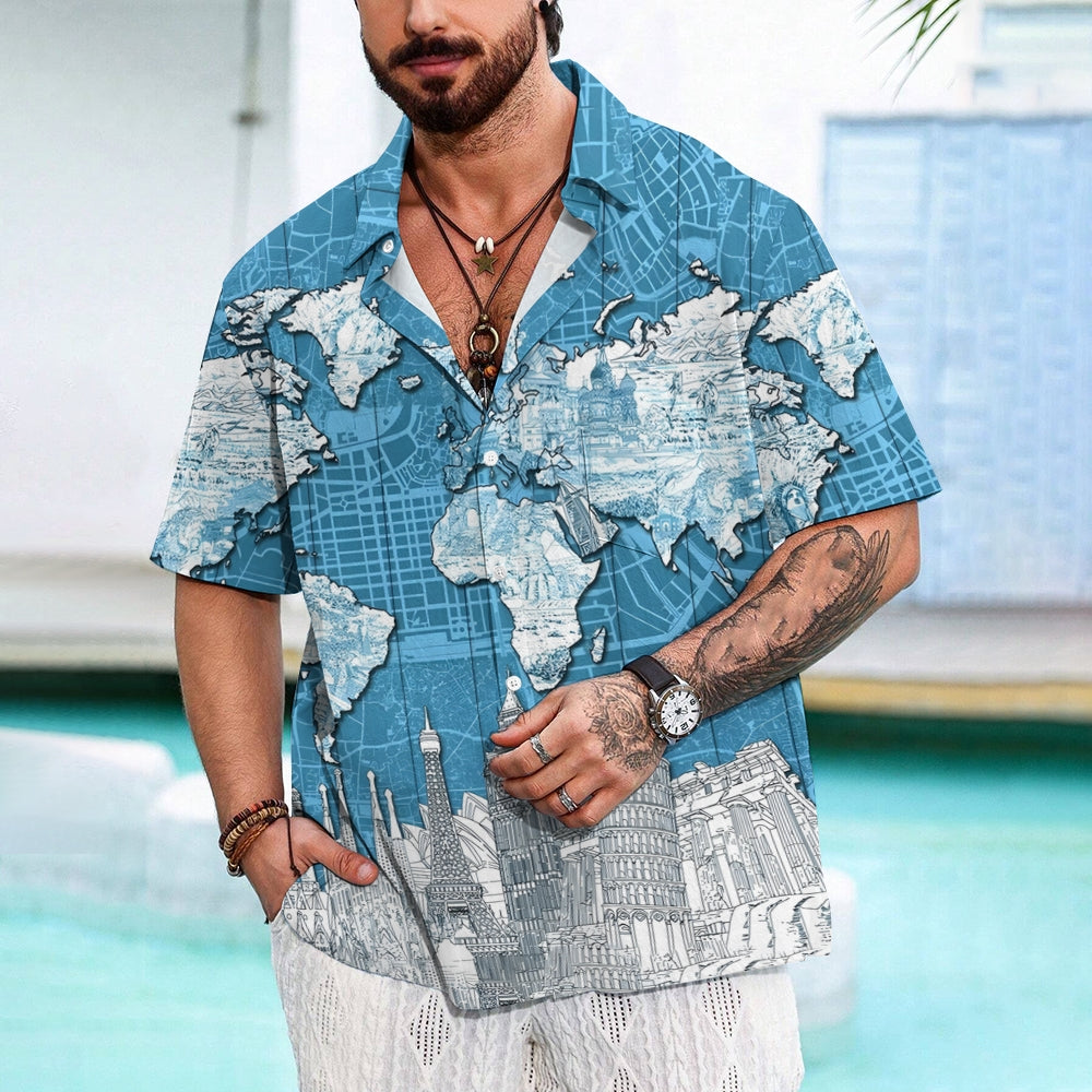 World Map Printed Casual Short Sleeve Shirt 2411000285