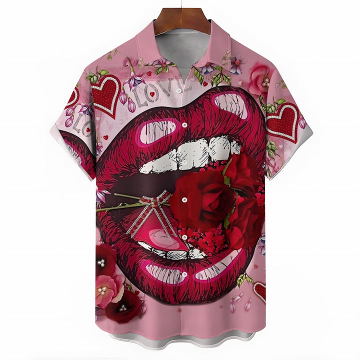 Valentine's Day Rose Lips Casual Short Sleeve Shirt 2412008550