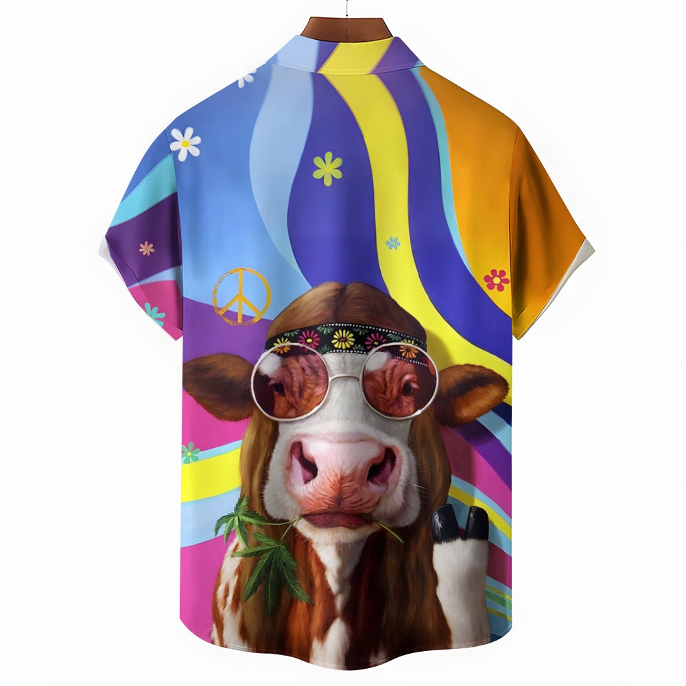 Fun Peaceful Cool Cow Print Casual Short Sleeve Shirt 2412009537