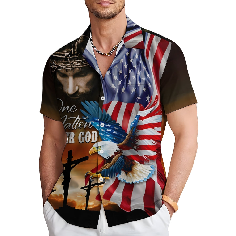 Jesus Christ American Eagle Flag Casual Short Sleeve Shirt 2411003460