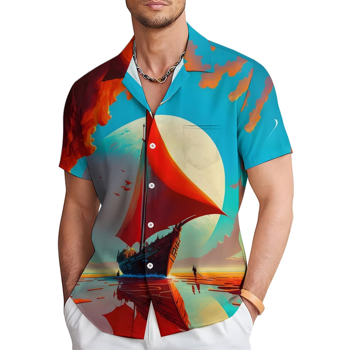 Sailboat Landscape Print Casual Short Sleeve Shirt 2405000464