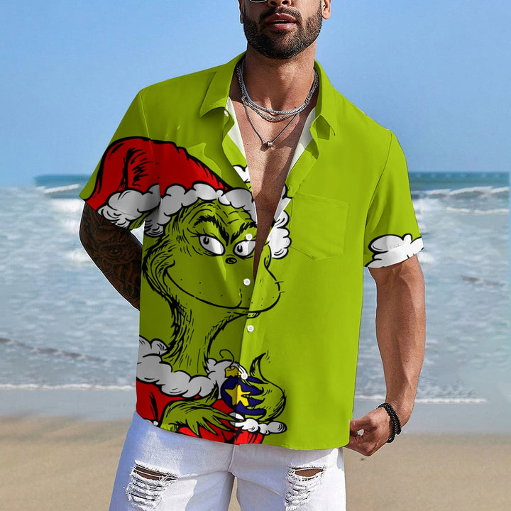 Christmas Green Monster Cartoon Casual Large Size Short Sleeve Shirt 2407004226