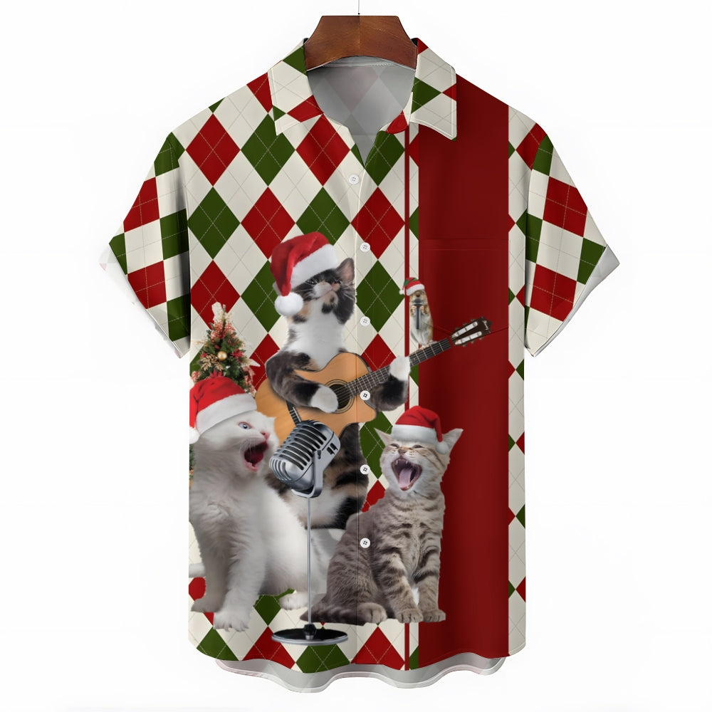 Cats Wearing Santa Hats And Singing Print Short Sleeve Shirt 2410003956