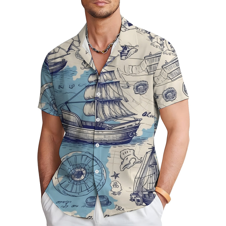 Nautical Sailboat Print Chest Pocket Short Sleeve Shirt 2411006014