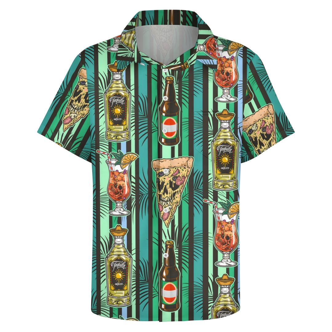 Cocktails Beer Pizza Stripes Casual Short Sleeve Shirt 2404001810