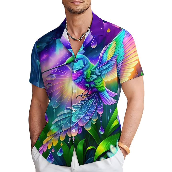 Colorful Hummingbird Print Casual Short Sleeve Shirt 2408004530