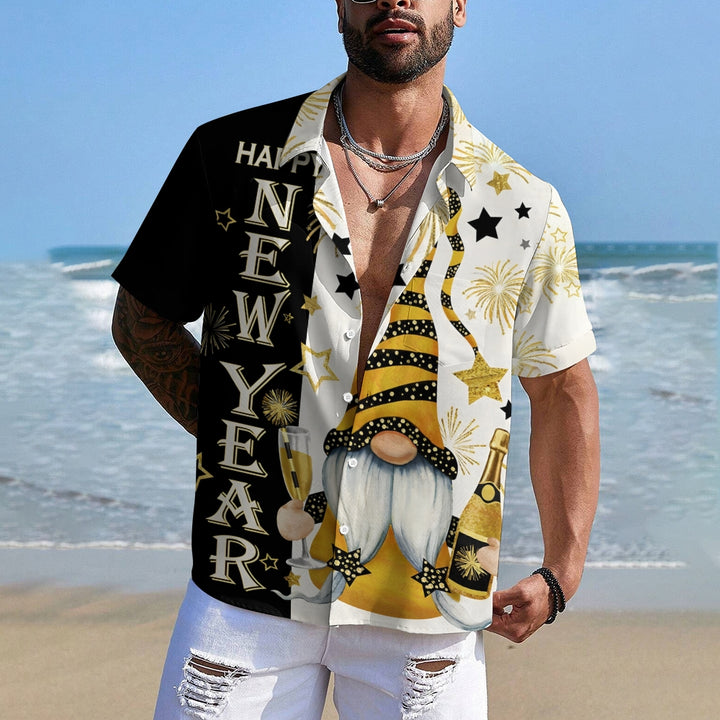 Happy New Year Gnome Champagne Print Casual Short Sleeve Shirt 2412002787