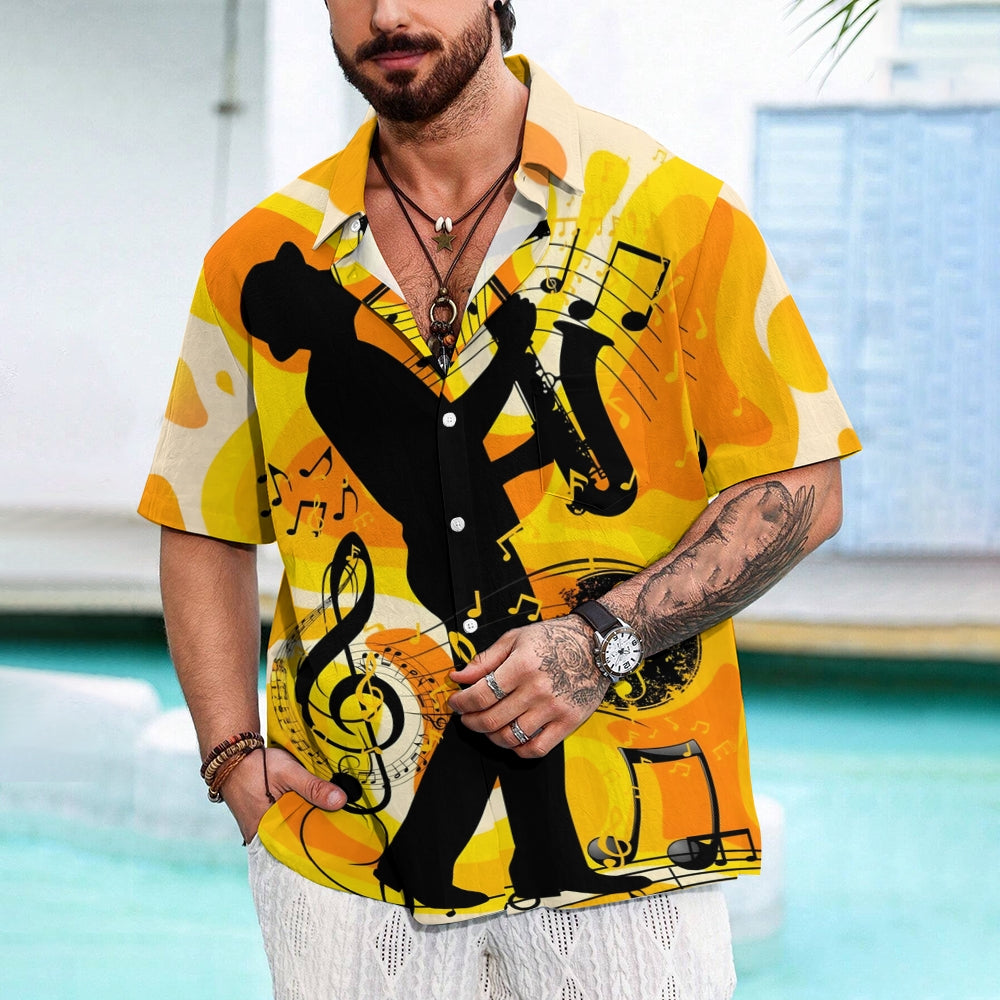 Men's Musical Saxophone Silhouette Print Short Sleeve Shirt 2412007610