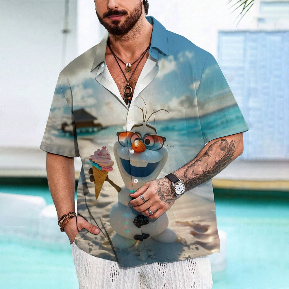 Cartoon Snowman Hawaiian Casual Short Sleeve Shirt 2409002476