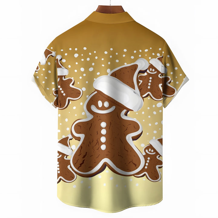 Christmas Snowflake Gingerbread Man Casual Short Sleeve Shirt 2409009539