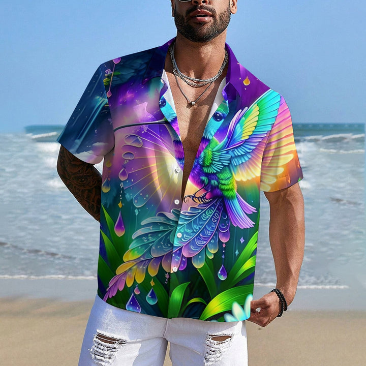 Colorful Hummingbird Print Casual Short Sleeve Shirt 2408004530