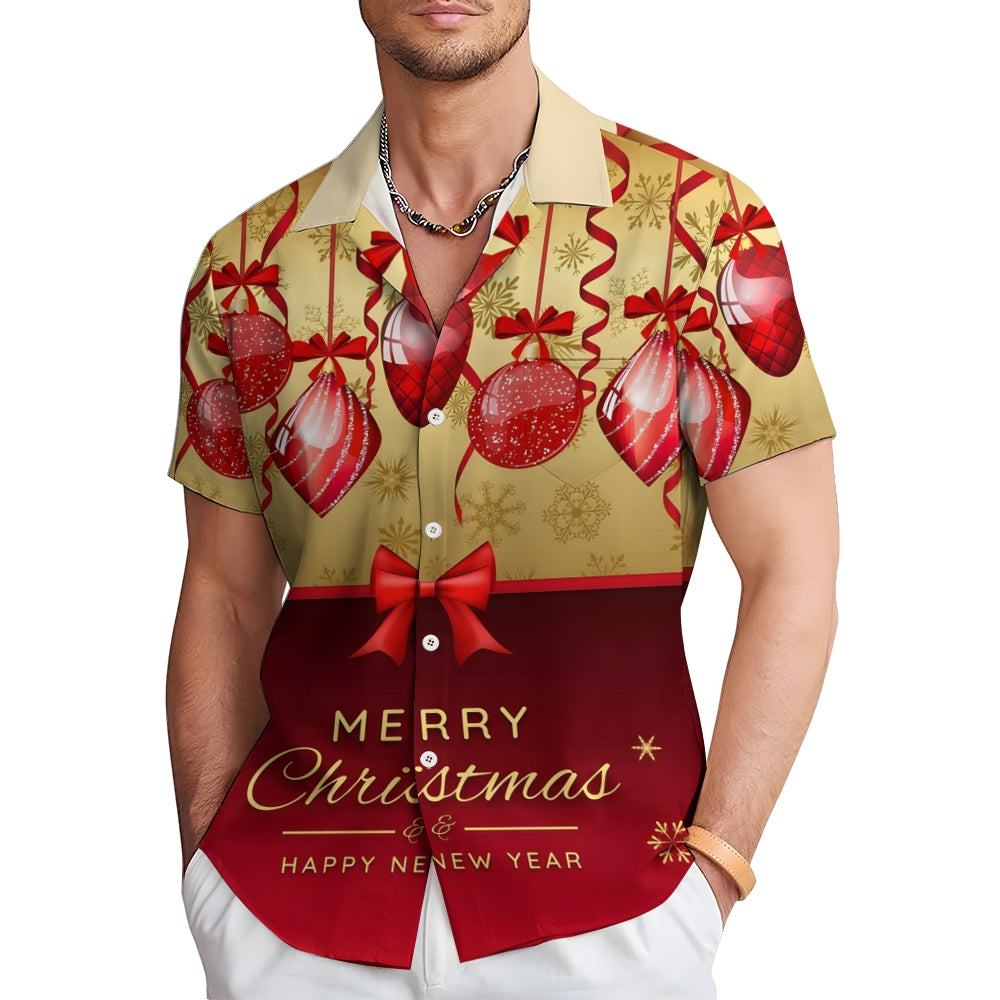 Merry Christmas Decorative Ribbons Print Short Sleeve Shirt 2412007989