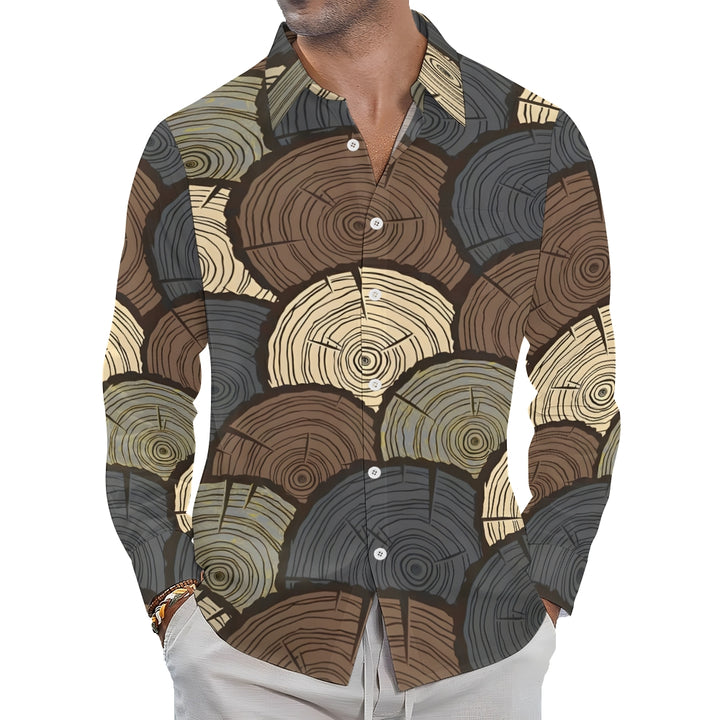 Men's Casual Wood Cross Section Printed Long Sleeve Shirt 2410006597