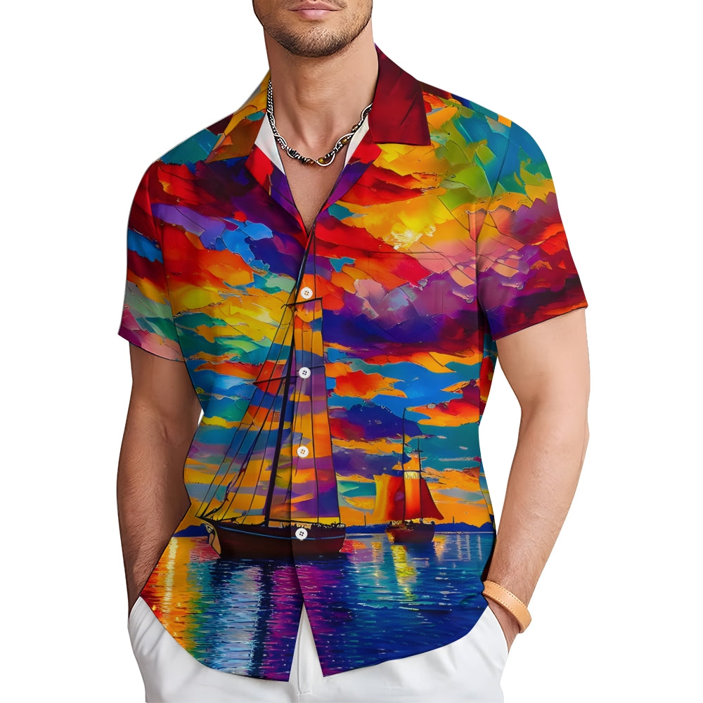 Colorful Sailboat Oil Painting Art Print Short Sleeve Shirt 2408007006