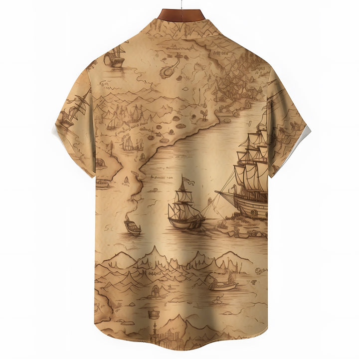 Vintage Sailing Sailboat Print Chest Pocket Short Sleeve Shirt 2411005966