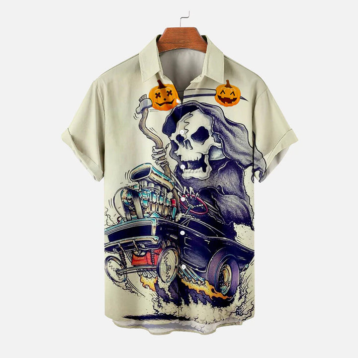 Halloween Grim Reaper Car Illustration Casual Short Sleeve Shirt