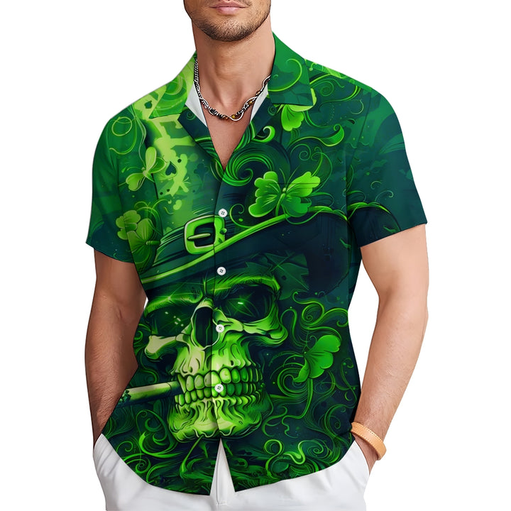 Men's St. Patrick's Day Smoking Skull Print Short Sleeve Shirt 2412008574