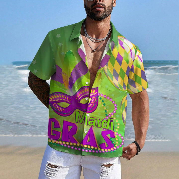 Men's Mardi Gras Mask Print Casual Short Sleeve Shirt 2412002274