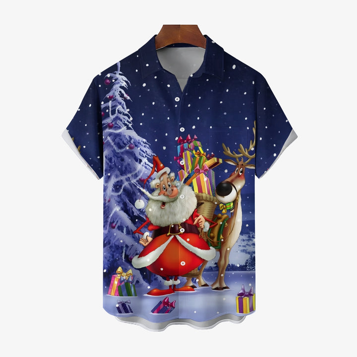 Men's Santa Claus and Elk Casual Short Sleeve Shirt 2411004006