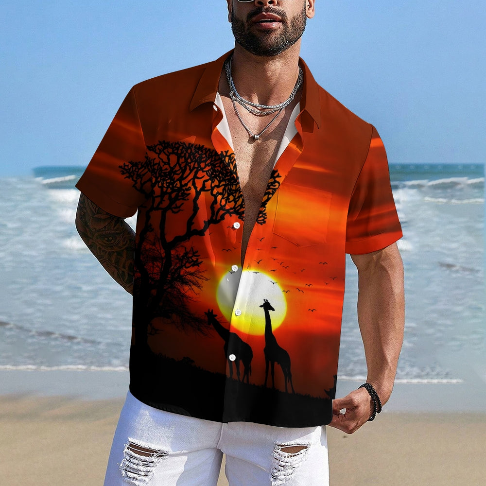 Grassland Giraffe Sunset Casual Large Size Short Sleeve Shirt 2406003217