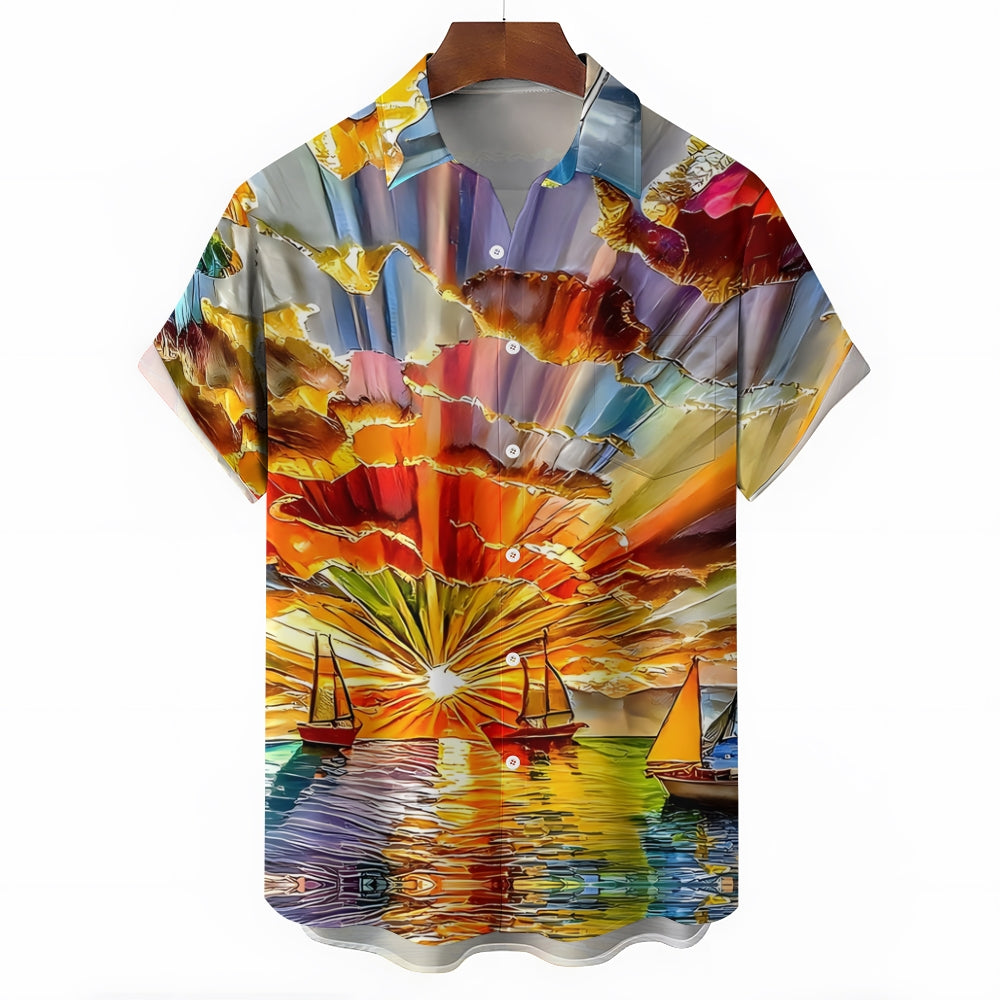 Sailboat Oil Painting Art Light Print Short Sleeve Shirt 2408007010