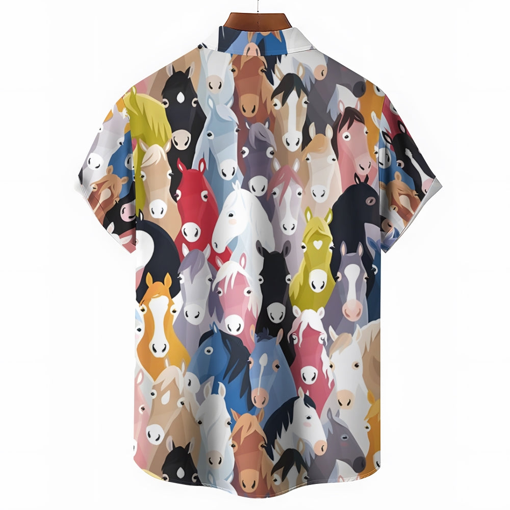 Men's Colored Horse Casual Short Sleeve Shirt 2410006996