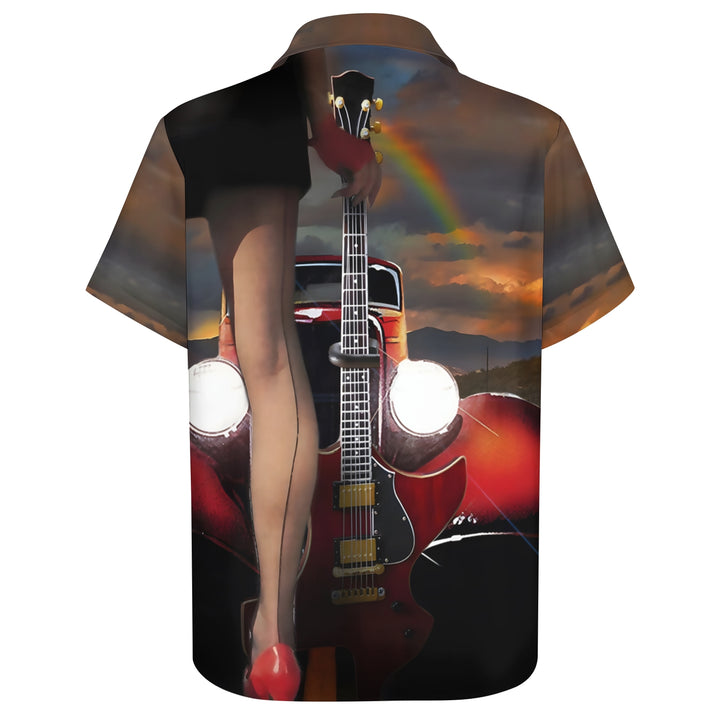 Retro Car Girl Guitar Music Casual Short Sleeve Shirt 2404000714