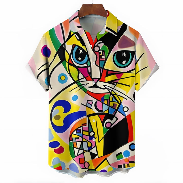 Geometric Abstract Cat Casual Short Sleeve Shirt 2409006088