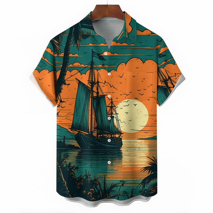 Sailing Boat On Sea Casual Short Sleeve Shirt 2405000681