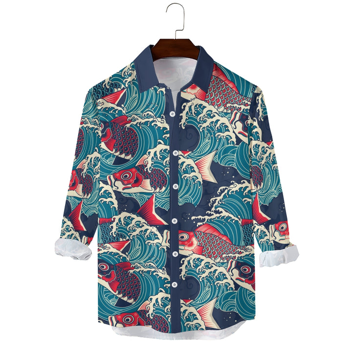 Men's Casual Ukiyo-E Art Style Koi Fish Printed Long Sleeve Shirt 2403000598