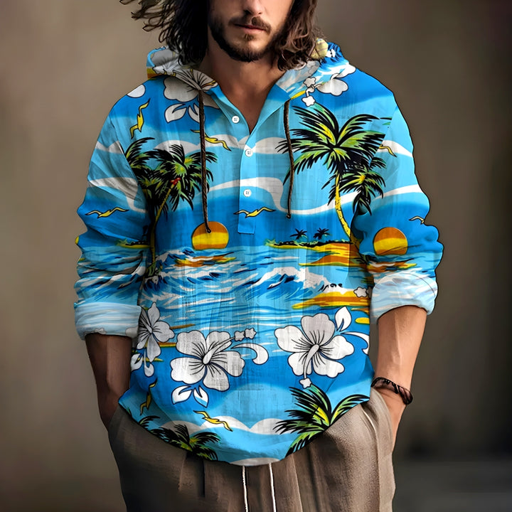 Hawaiian Coconut Tree Print Hooded Half-Sleeve Shirt 2408002119