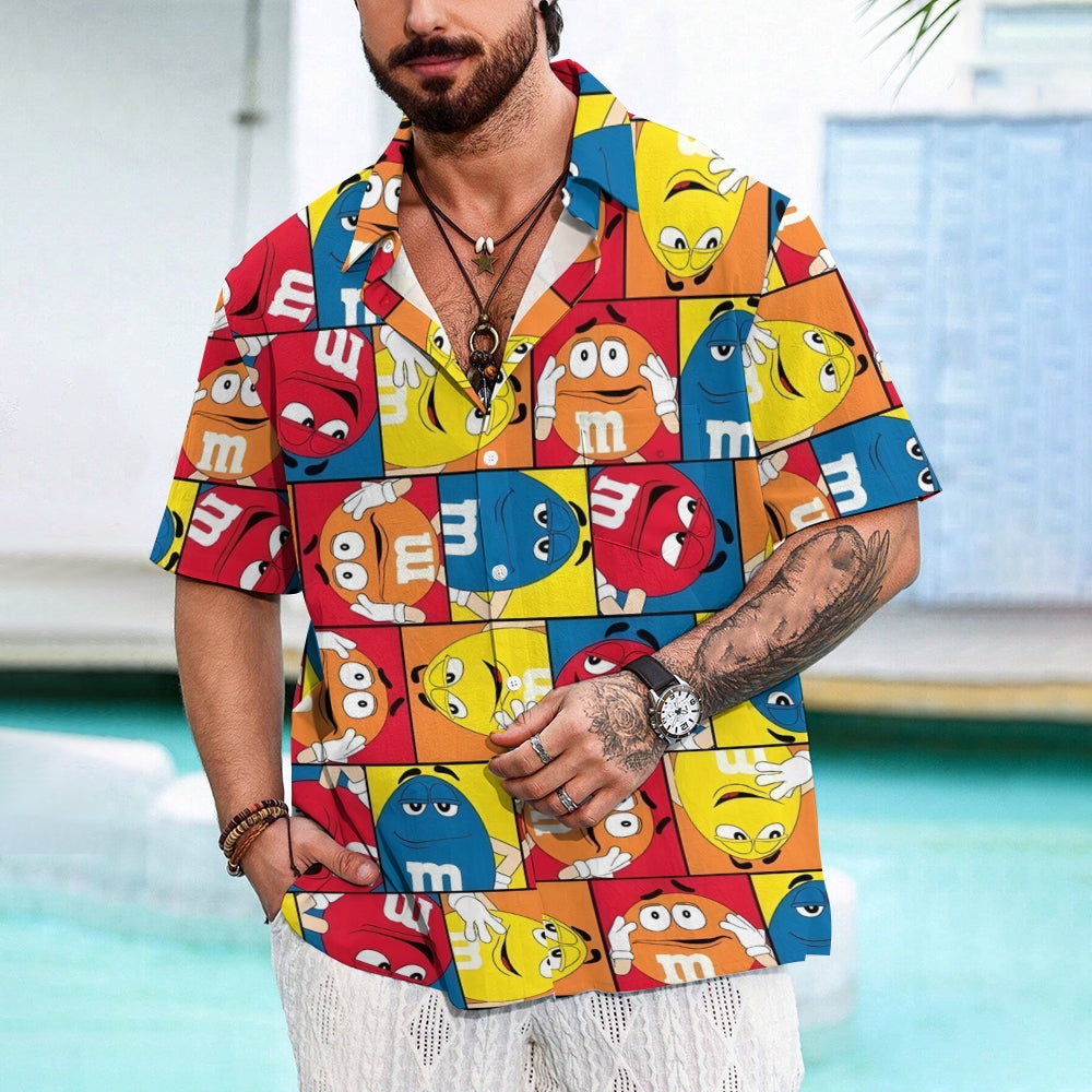 Cartoon Chocolate Beans Print Chest Pocket Short Sleeve Shirt 2411002229