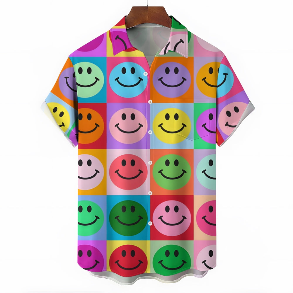 Colorful Smiley Face Patchwork Short-Sleeved Shirt 2409010805