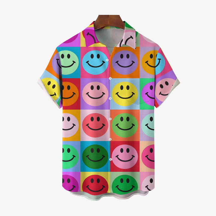 Colorful Smiley Face Patchwork Short-Sleeved Shirt 2409010805