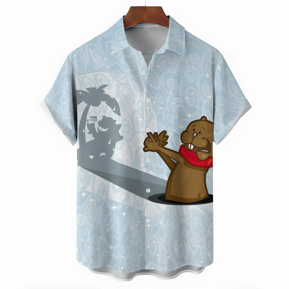 Groundhog Day Cartoon Fun Print Casual Short Sleeve Shirt 2412003755