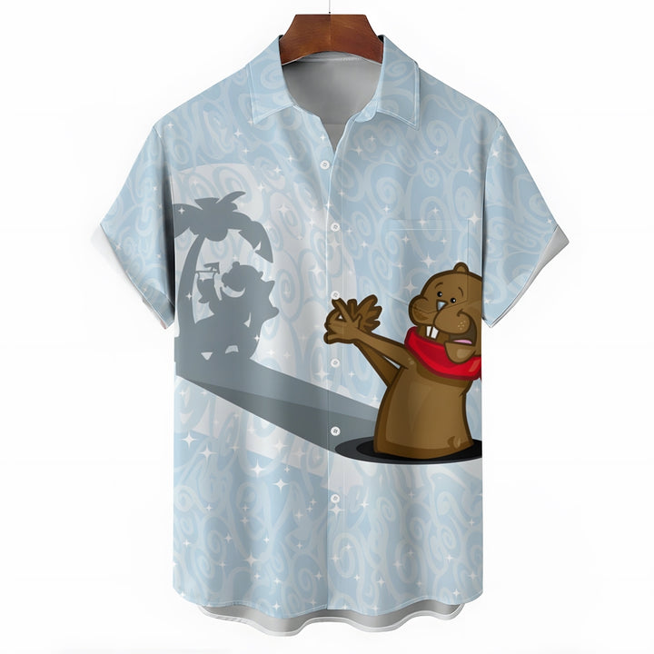 Groundhog Day Cartoon Fun Print Casual Short Sleeve Shirt 2412003755