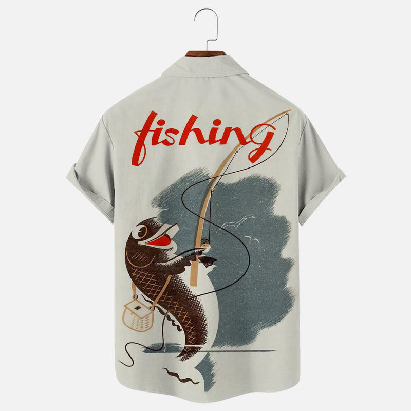 Men's Vintage Fishing Print Short Sleeve Shirt