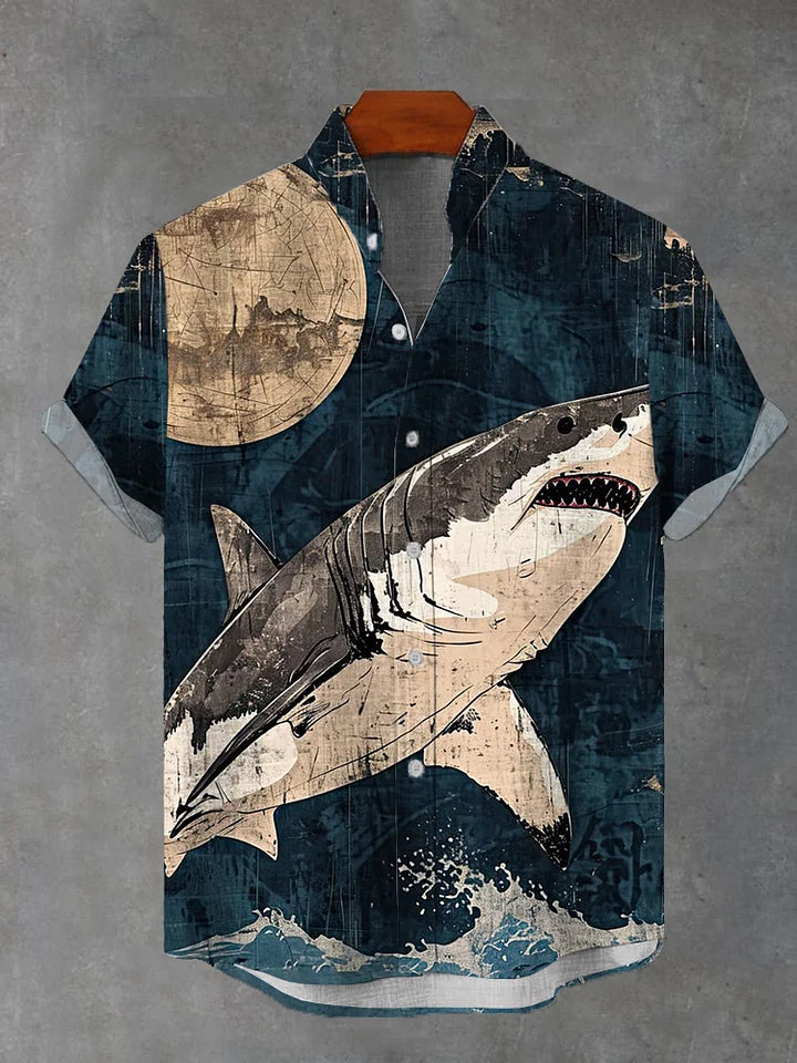 Men's Shark Jump Wave Print Short Sleeve Shirt