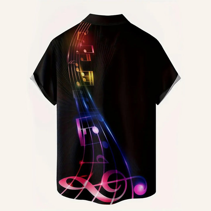 Men's 3D Music Symbol & "Happy New Year" Print Short Sleeve Shirt