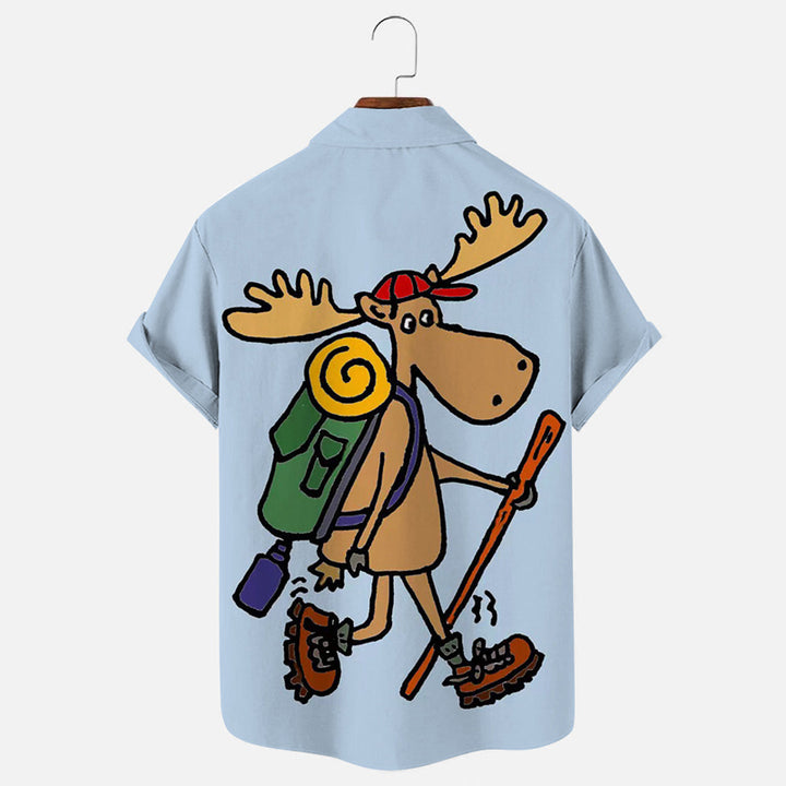 Moose Hiking Cartoon Print Hawaiian Short Sleeve Shirt