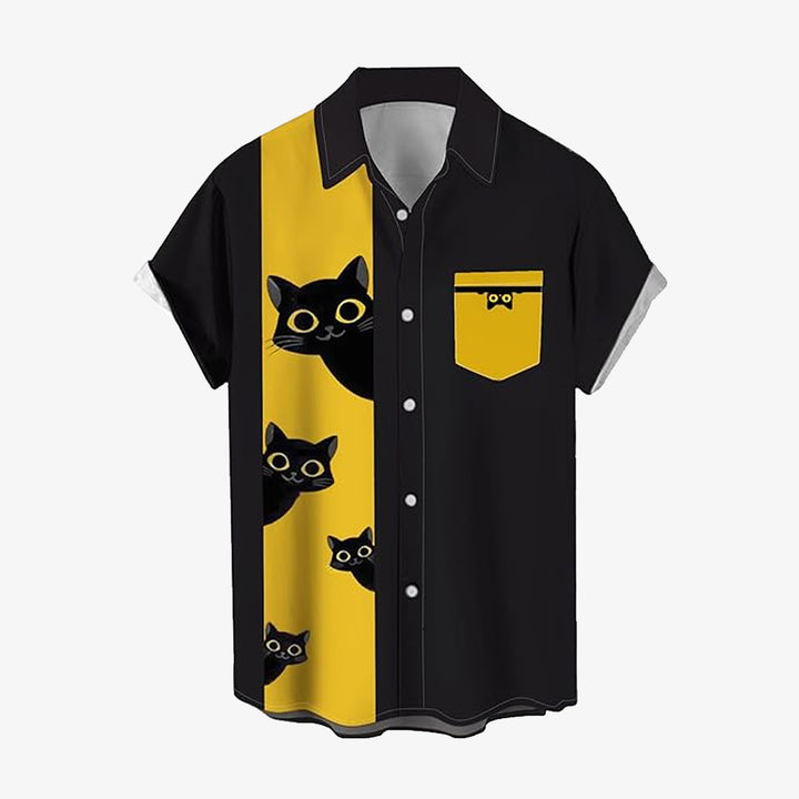 Cat Stripe Print Bowling Shirt Short Sleeve Shirt