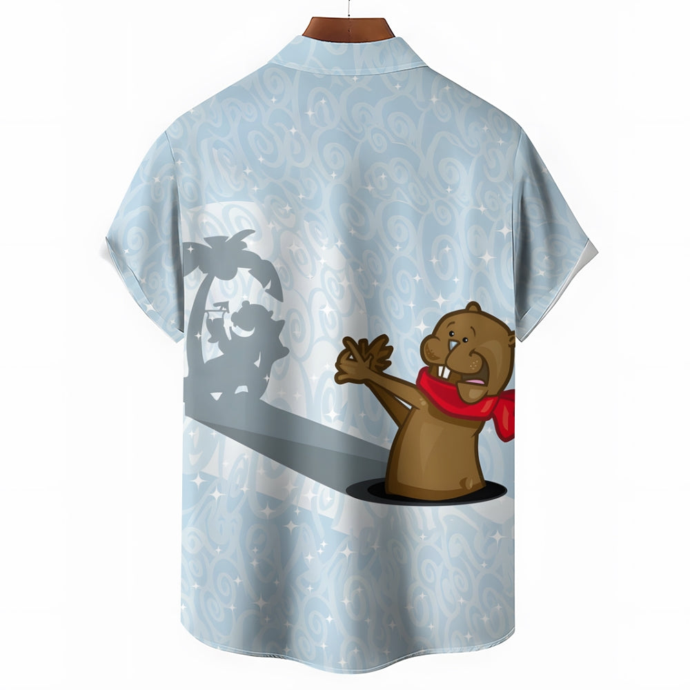 Groundhog Day Cartoon Fun Print Casual Short Sleeve Shirt 2412003755