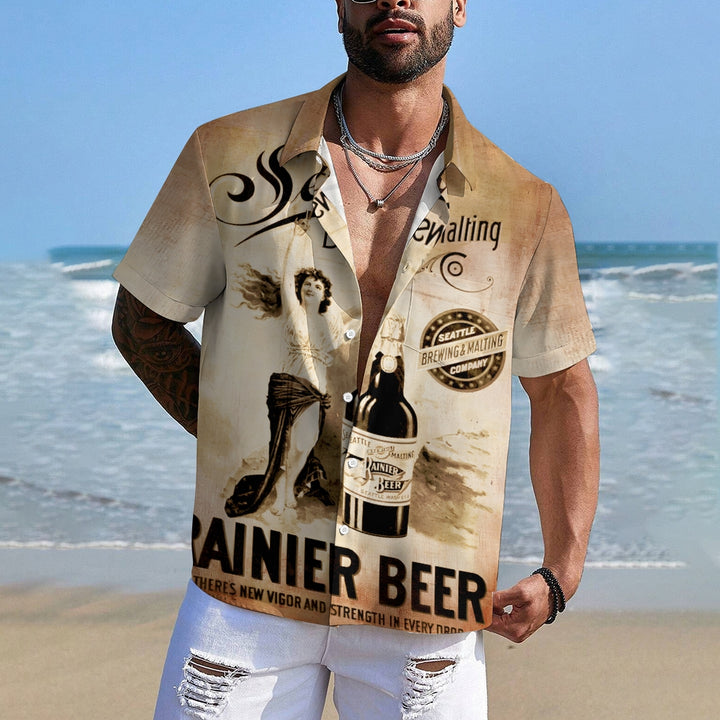 Beer Poster Print Casual Short Sleeve Shirt 2408008426