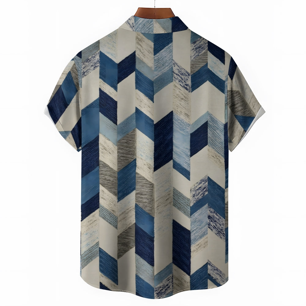 Retro Texture Geometric Print Casual Large Size Short Sleeve Shirt 2407002074