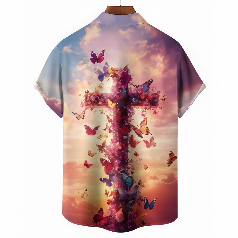 Easter Cross Butterfly Print Short Sleeve Shirt 2412009497