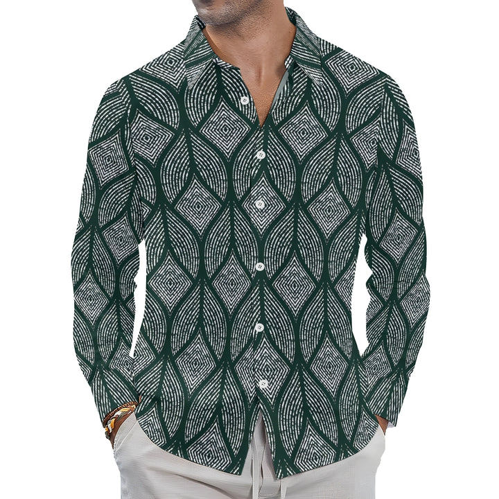 Men's Geometric Leaf Stripes Print Long Sleeve Shirt 2410004516