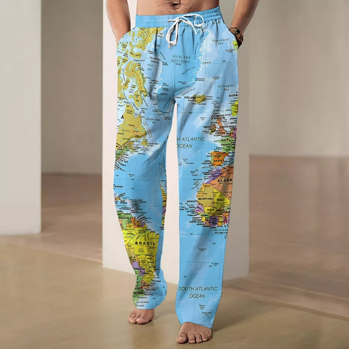 Men's Retro Map Print Casual Long Pants 2411004099