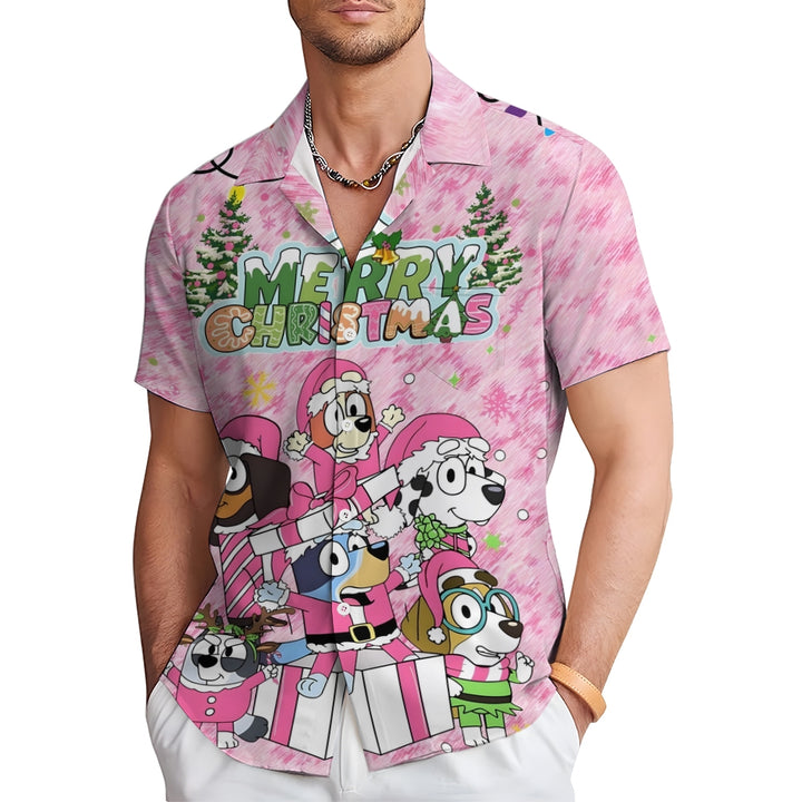 Merry Christmas Cartoon Dog Print Short Sleeve Shirt 2411011850