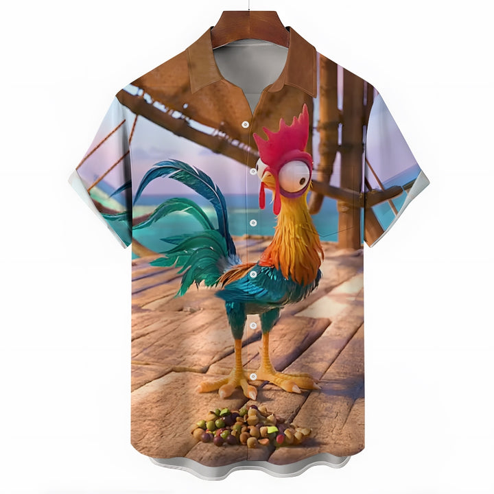 Funny Rooster Eating Print Casual Short Sleeve Shirt 2410001921