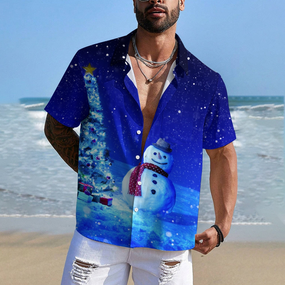 Christmas Snowman Chest Pocket Short Sleeve Shirt 2411005874